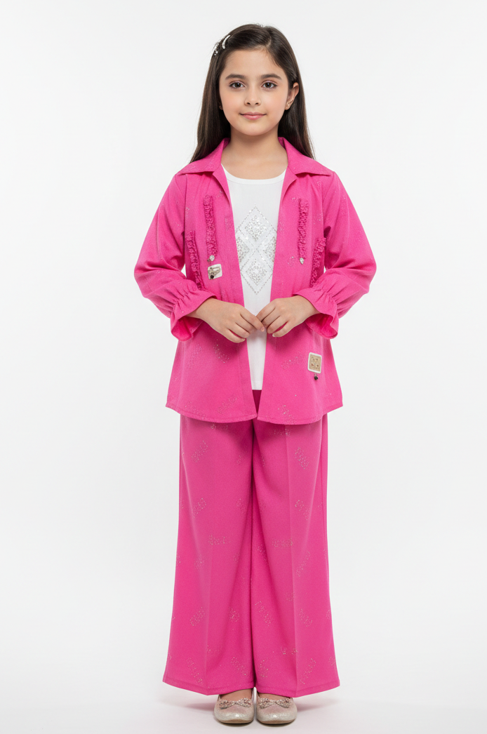 Elegant Girls' Three-Piece Vibrant Pink Flare Pant Set with Tailored Jacket and Embellished Top