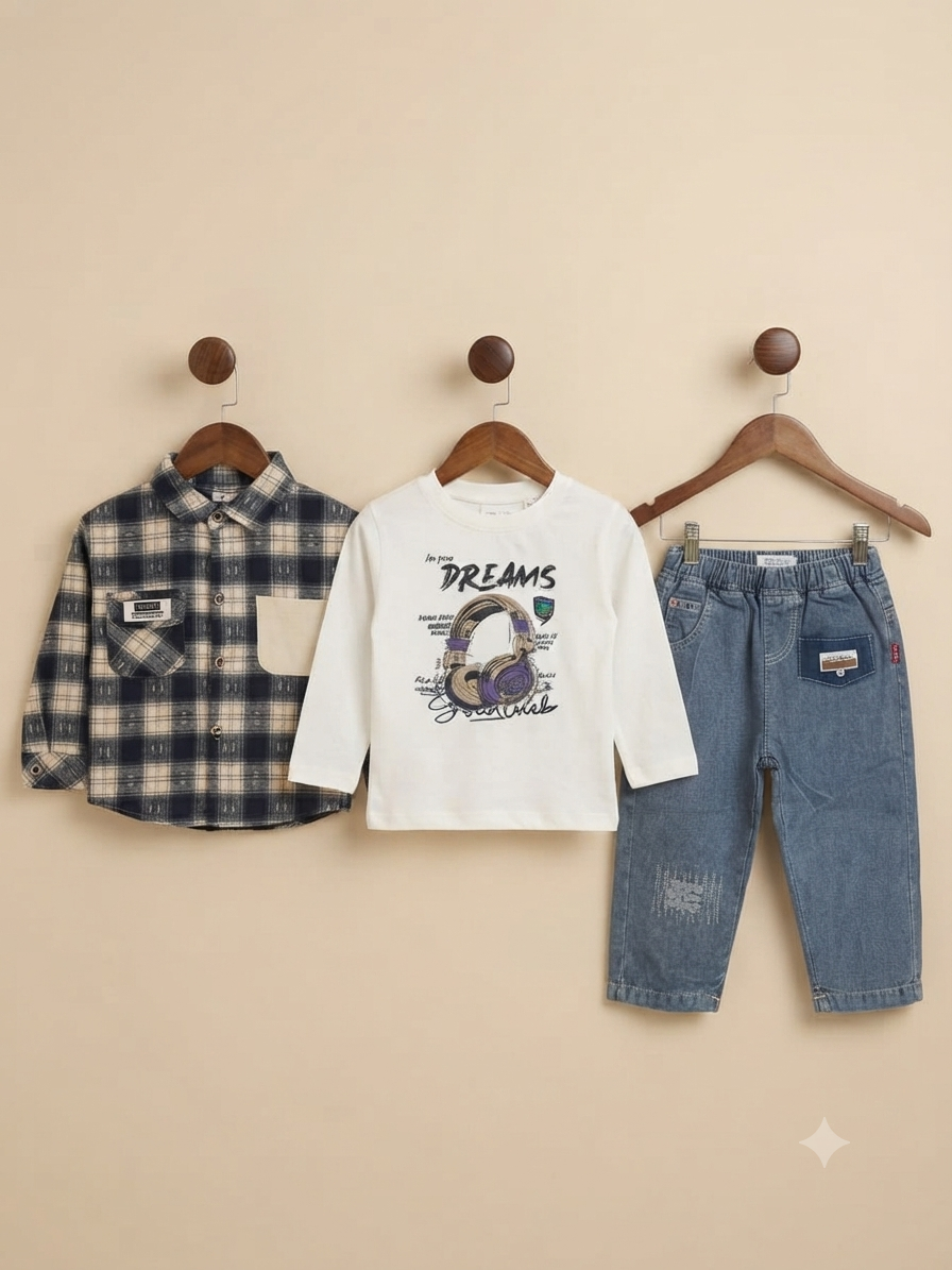 Stylish Boys Cotton Plaid Shirt Inner T-Shirt And Denim Trouser 3-Piece Outfit Set