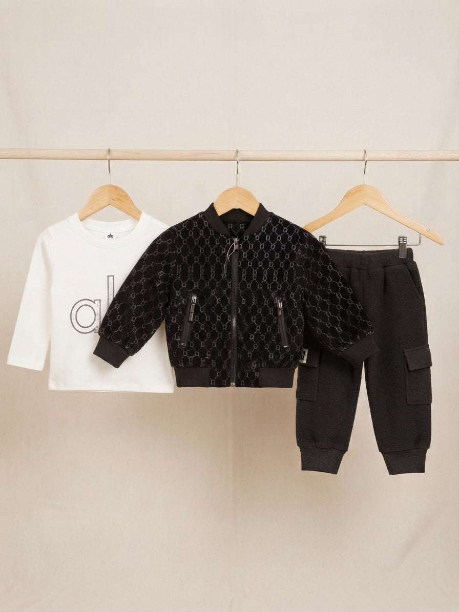 Stylish winter kids tracksuit set featuring a printed shirt warm jacket and cargo trousers