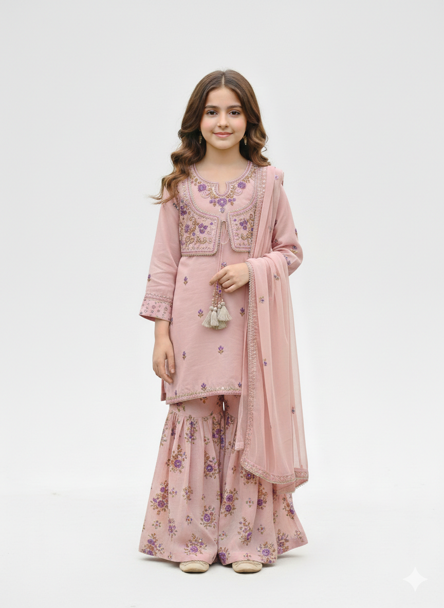 Elegant Embroidered Girls' Gharara Set with Matching Dupatta and Traditional Tassels in Three Colors