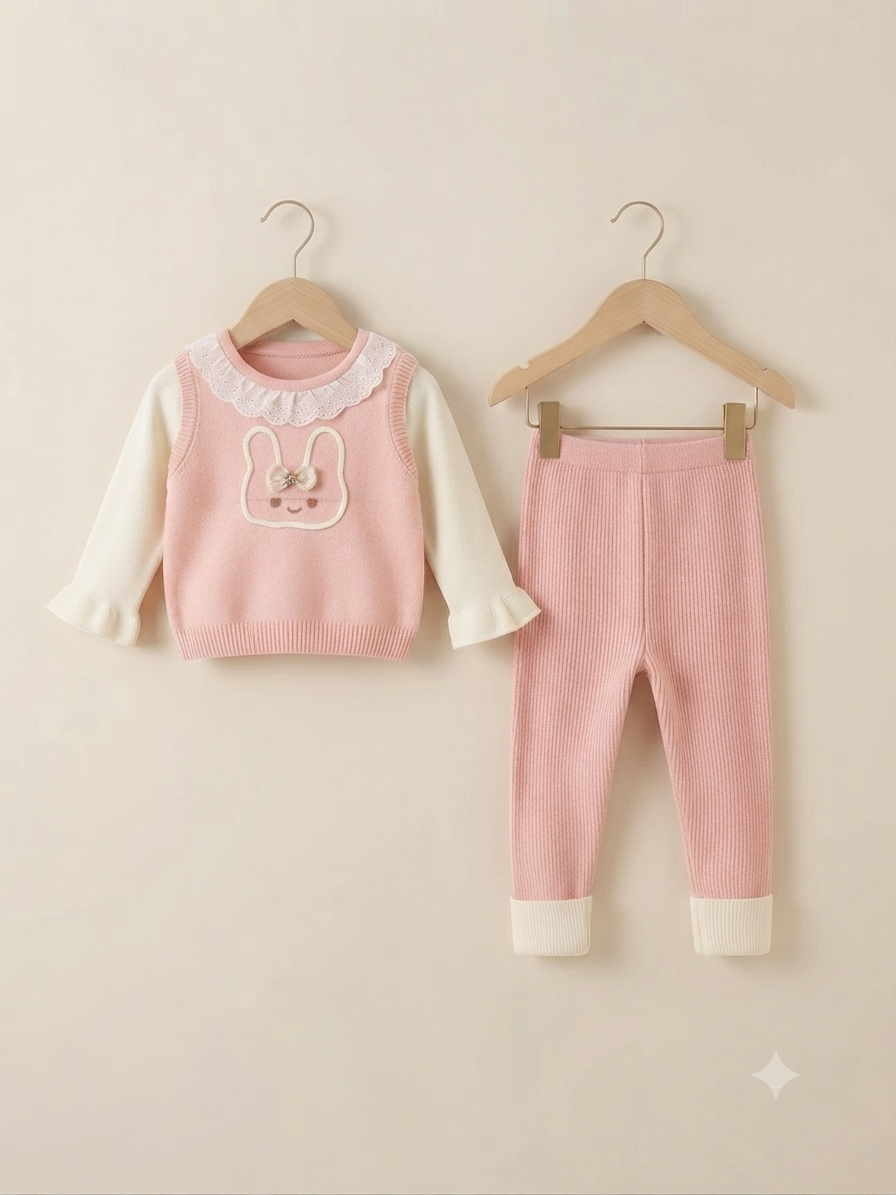 Cute Baby Girl Bunny Sweater and Ribbed Pants Outfit in Three Colors