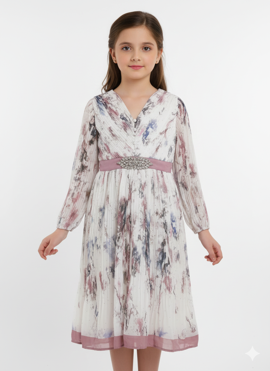 Girls' Elegant Pleated Chiffon Floral Midi Dress with Crystal Embellished Waistband