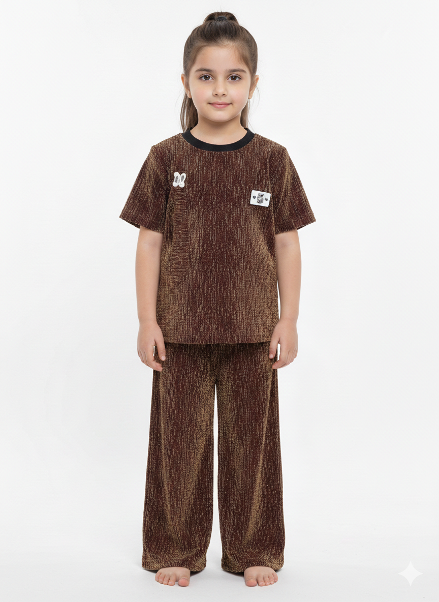 Girls Sparkle Ribbed Knit Tee and Wide Leg Pant Set - Elegant Two-Piece Shimmer Outfit