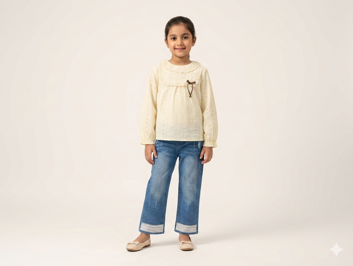 Girls' Lace Trim Eyelet Blouse and Embroidered Wide Leg Denim Jeans Two Piece Set