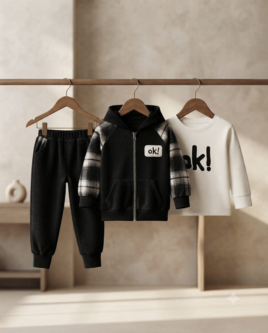 Trendy Boys Three-Piece Clothing Set Featuring Plaid Detail Hoodie Tee And Joggers
