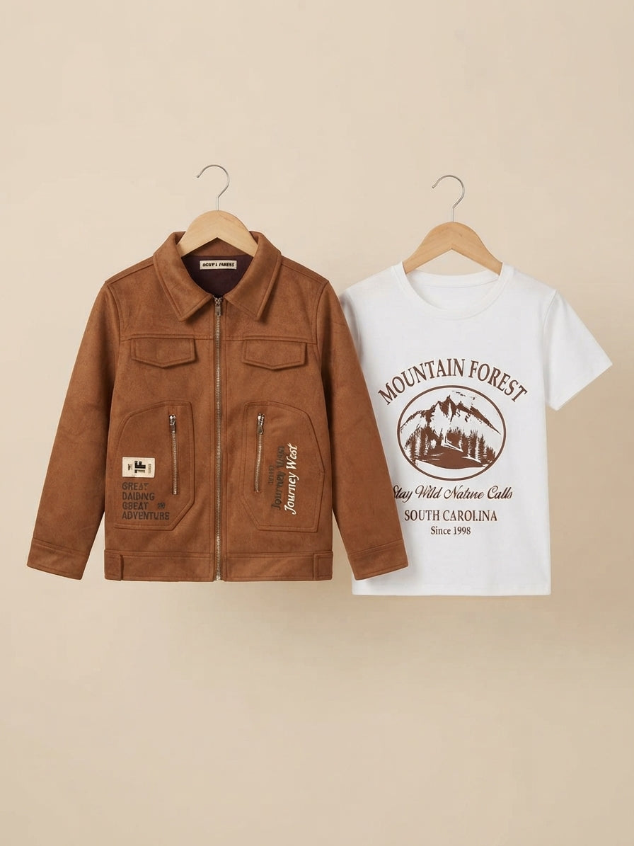 Stylish Kids Winter Jacket And Matching Cotton T-Shirt Outfit Set For Boys