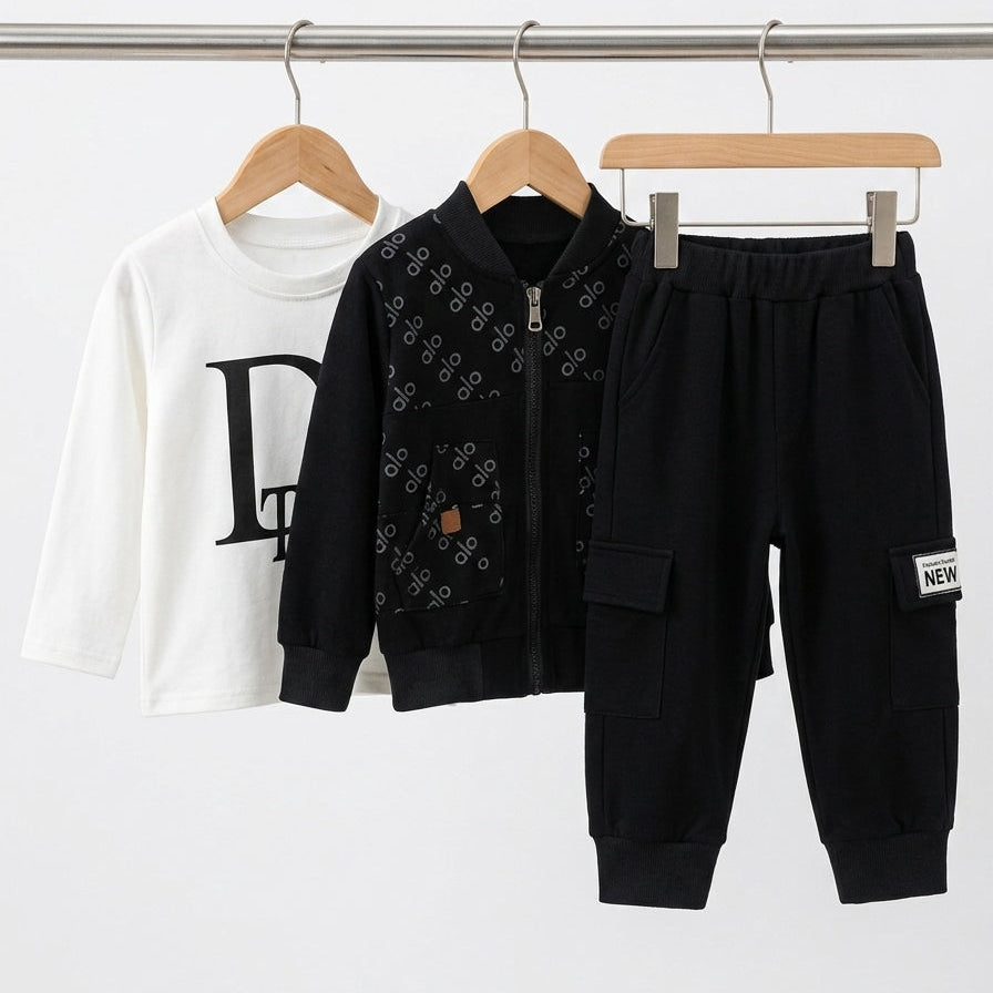Kids 3-Piece Outfit Set With Printed Long Sleeve Shirt Jacket And Cargo Pants