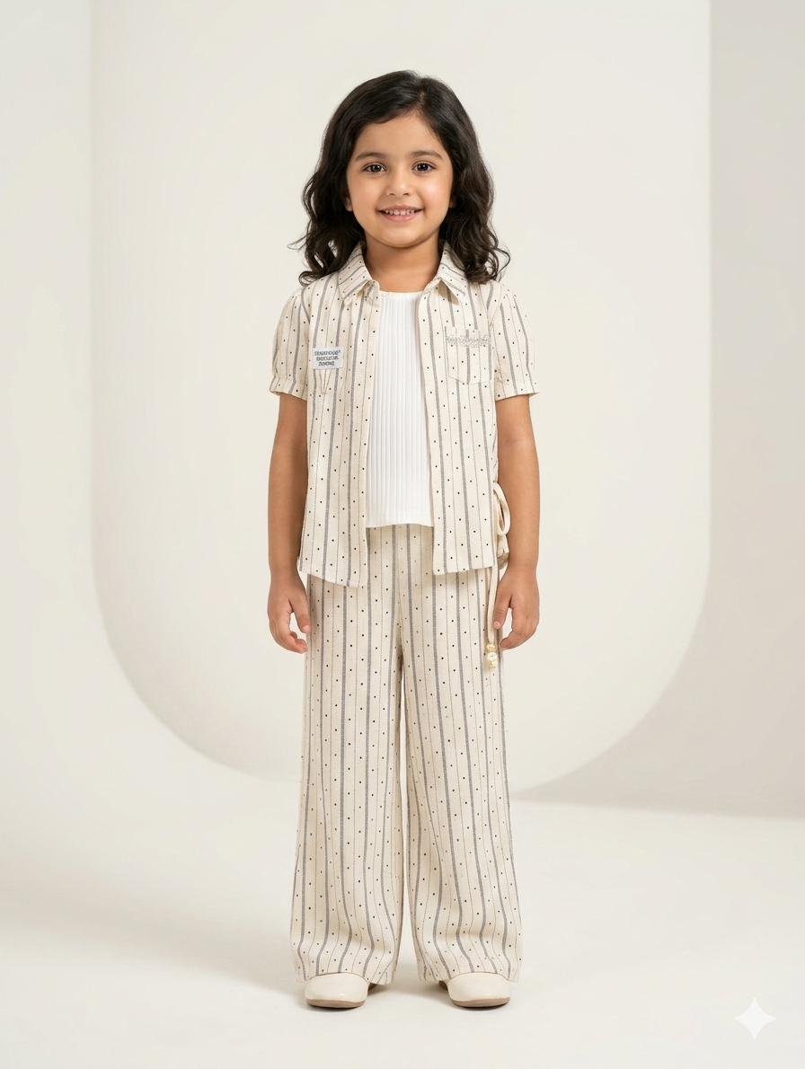 Girls' Three-Piece Pinstripe Co-ord Set with Button-Down Shirt, Ribbed Inner Tank, and Trousers