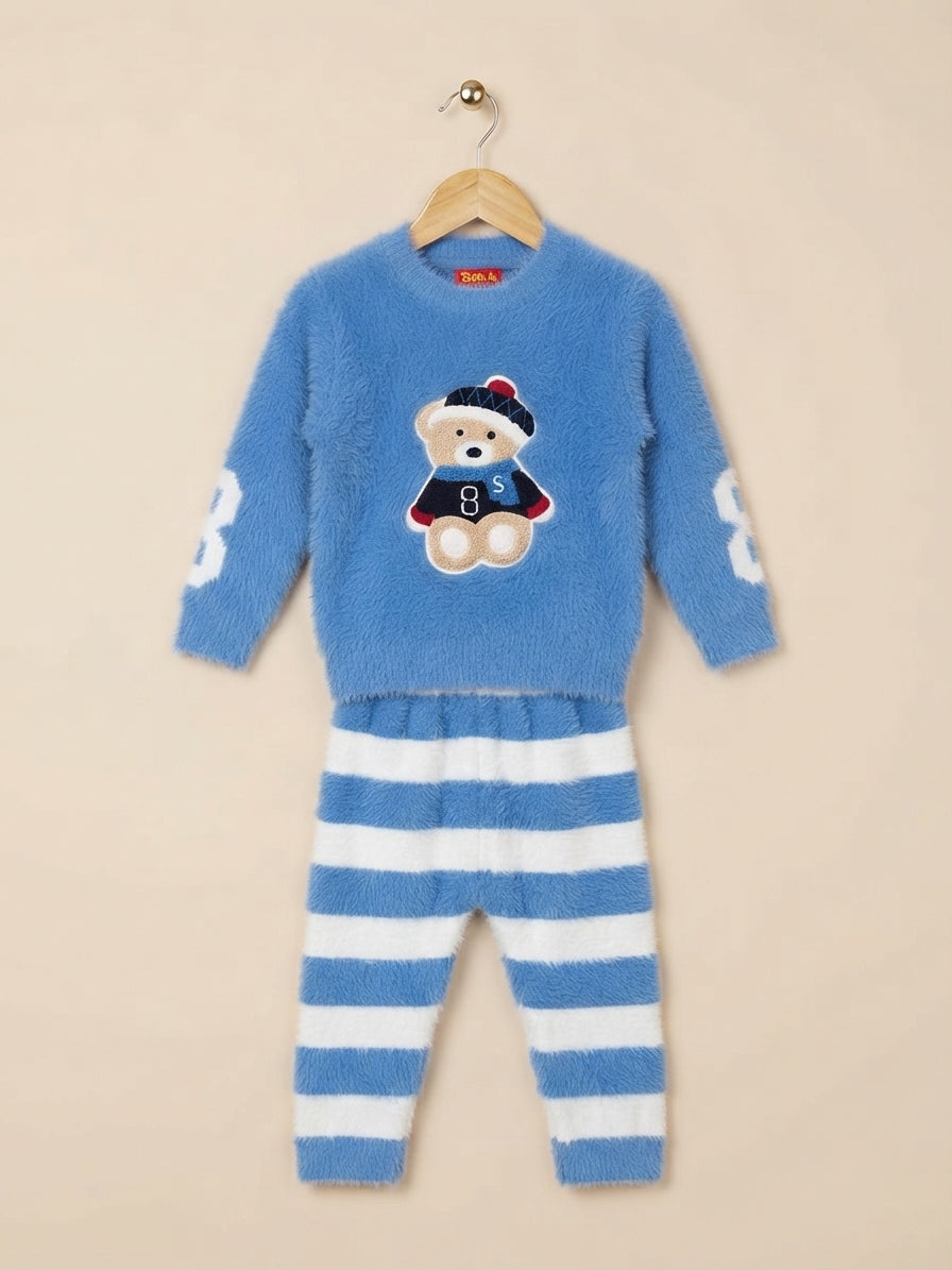 Fluffy Kids Winter Bear Graphic Sweater And Striped Trouser Outfit Set