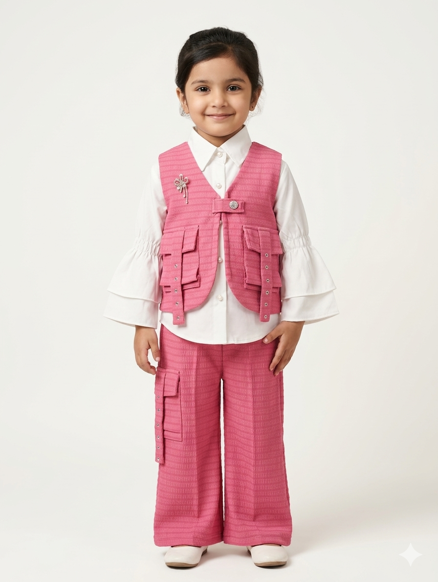 Girls 3 Piece Cargo Vest Suit with Ruffled Bell Sleeve Shirt and Wide Leg Pants