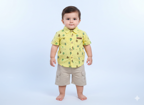 Baby Boys Summer Monster Friend Set Printed Button Shirt With Comfortable Matching Cargo Shorts