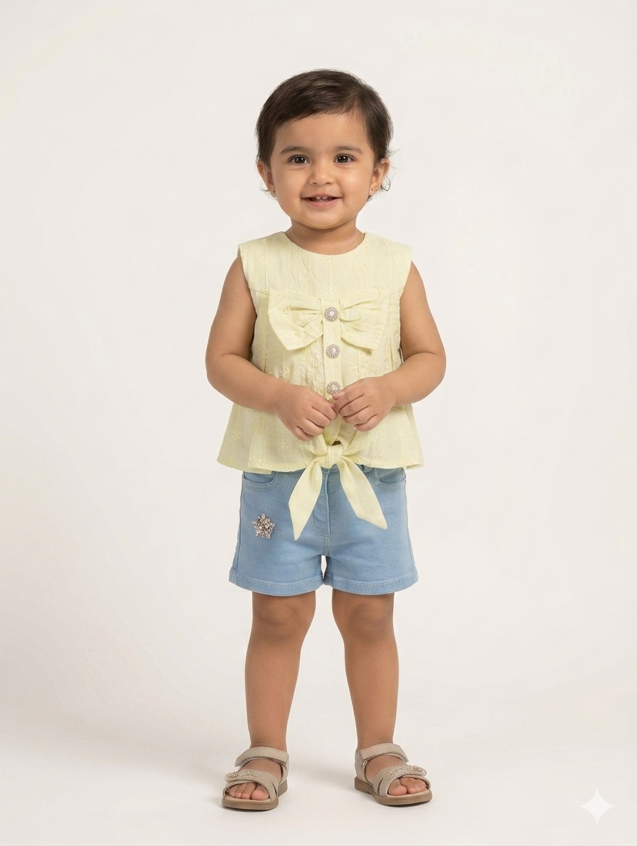 Toddler Girls Summer Bow Knot Top and Denim Shorts Set in Cream Pink and Yellow