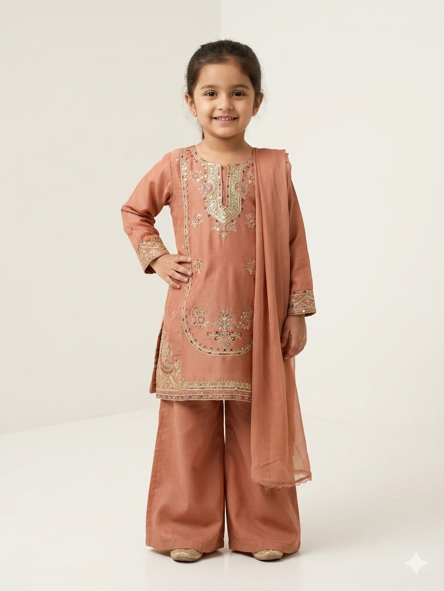 Elegant Kids 3-Piece Embroidered Festive Suit - Kurta, Palazzo, and Dupatta Set