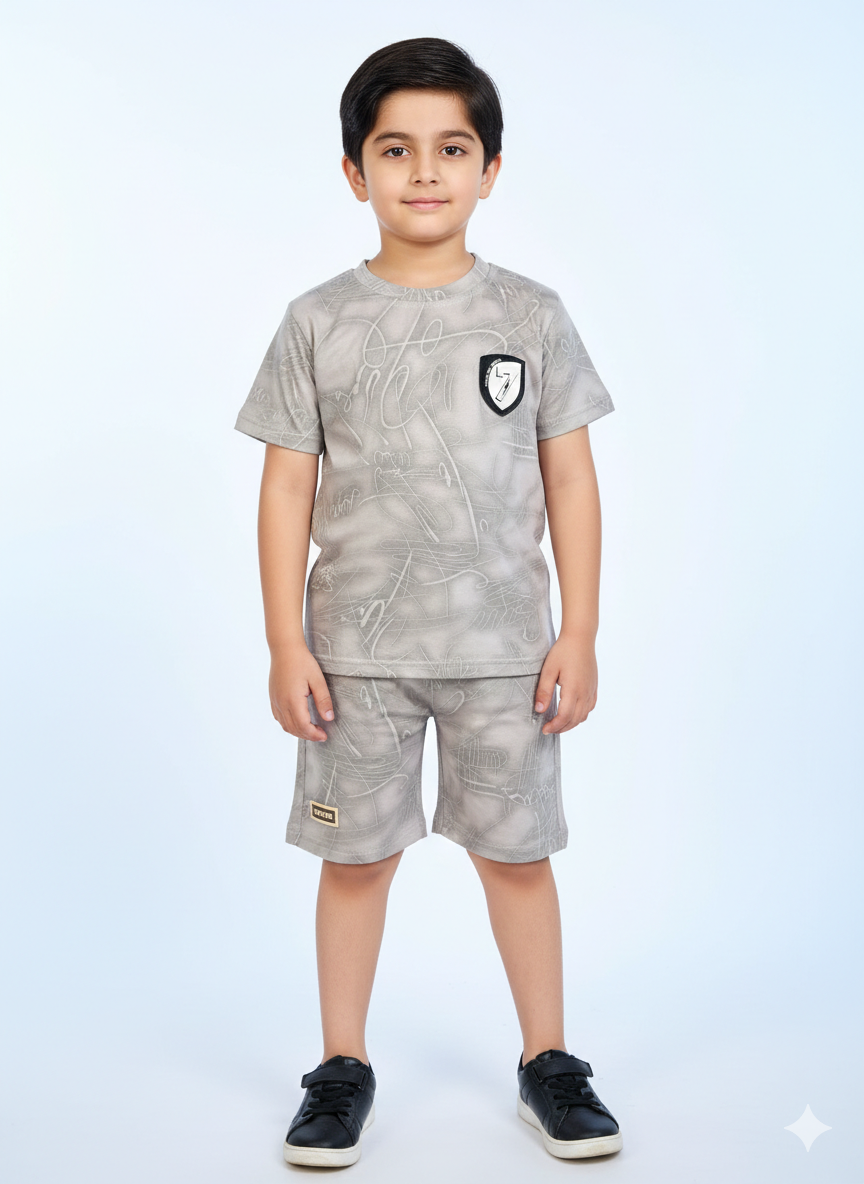 Boys Shield Graphic Summer Set Cotton Short Sleeve Shirt and Matching Shorts