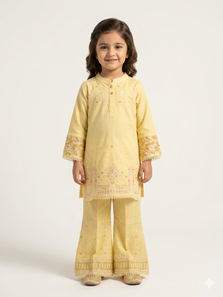 Toddler Girls Elegant Embroidered Kurta and Gharara Set with Traditional Lace Trim and Floral Patterns
