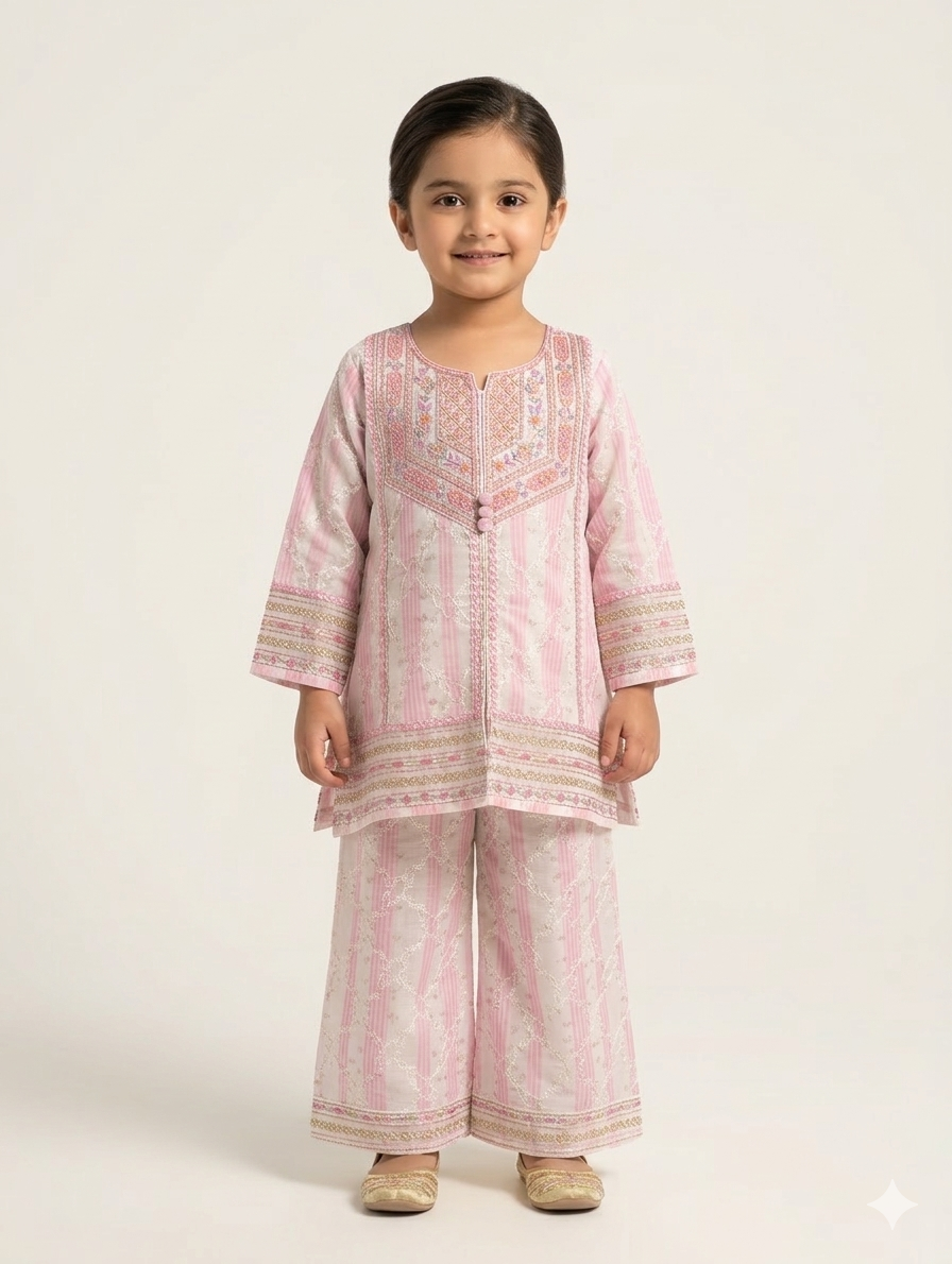 Girls' Hand-Embroidered Pastel Lawn Suit Set with Intricate Mirror Work and Matching Wide-Leg Trousers