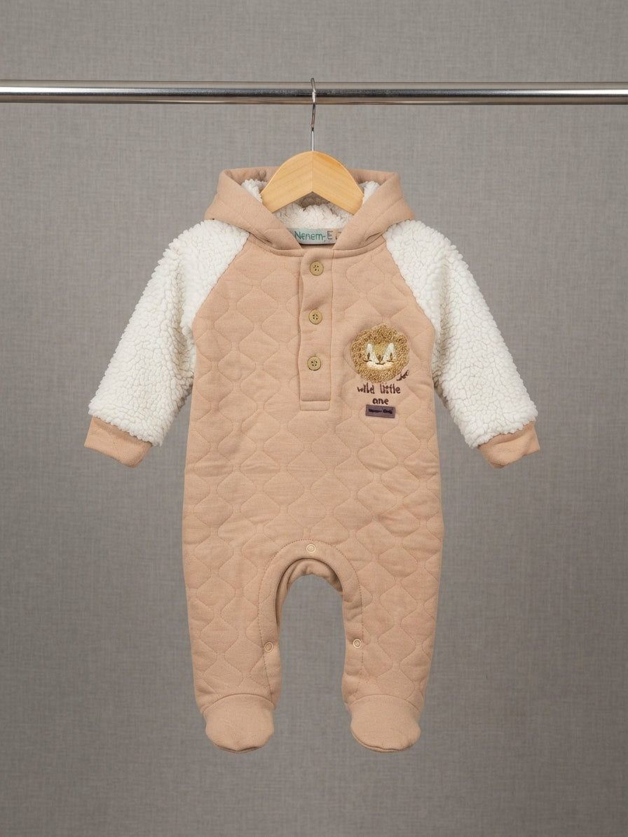 Baby Hooded Quilted Romper With Fluffy Sherpa Sleeves And Button Placket