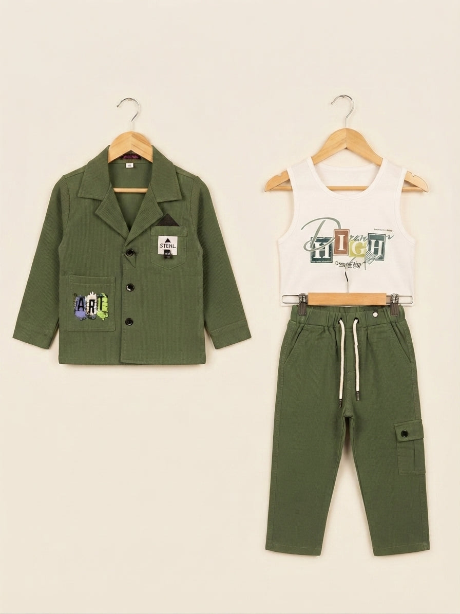 Stylish Three Piece Kids Outfit Featuring Blazer Tank Top And Cargo Pants For Boys