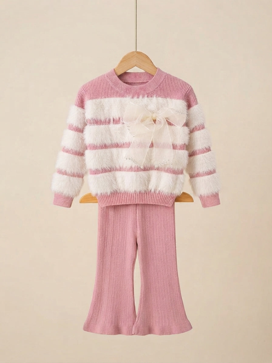 Cute Baby Girls Striped Furry Sweater And Flared Trouser Winter Outfit Set