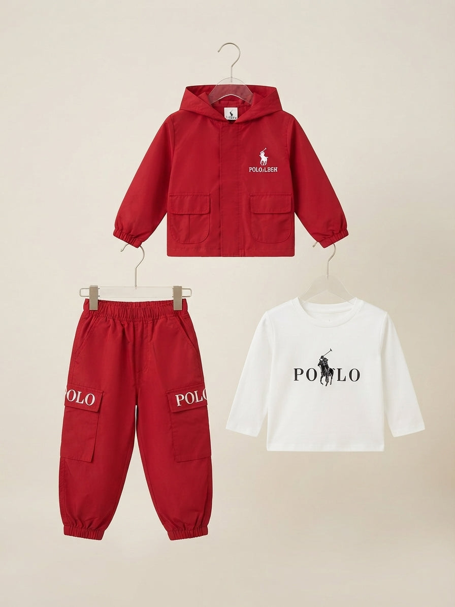 Kids stylish three piece winter outfit set featuring jacket shirt and cargo trousers