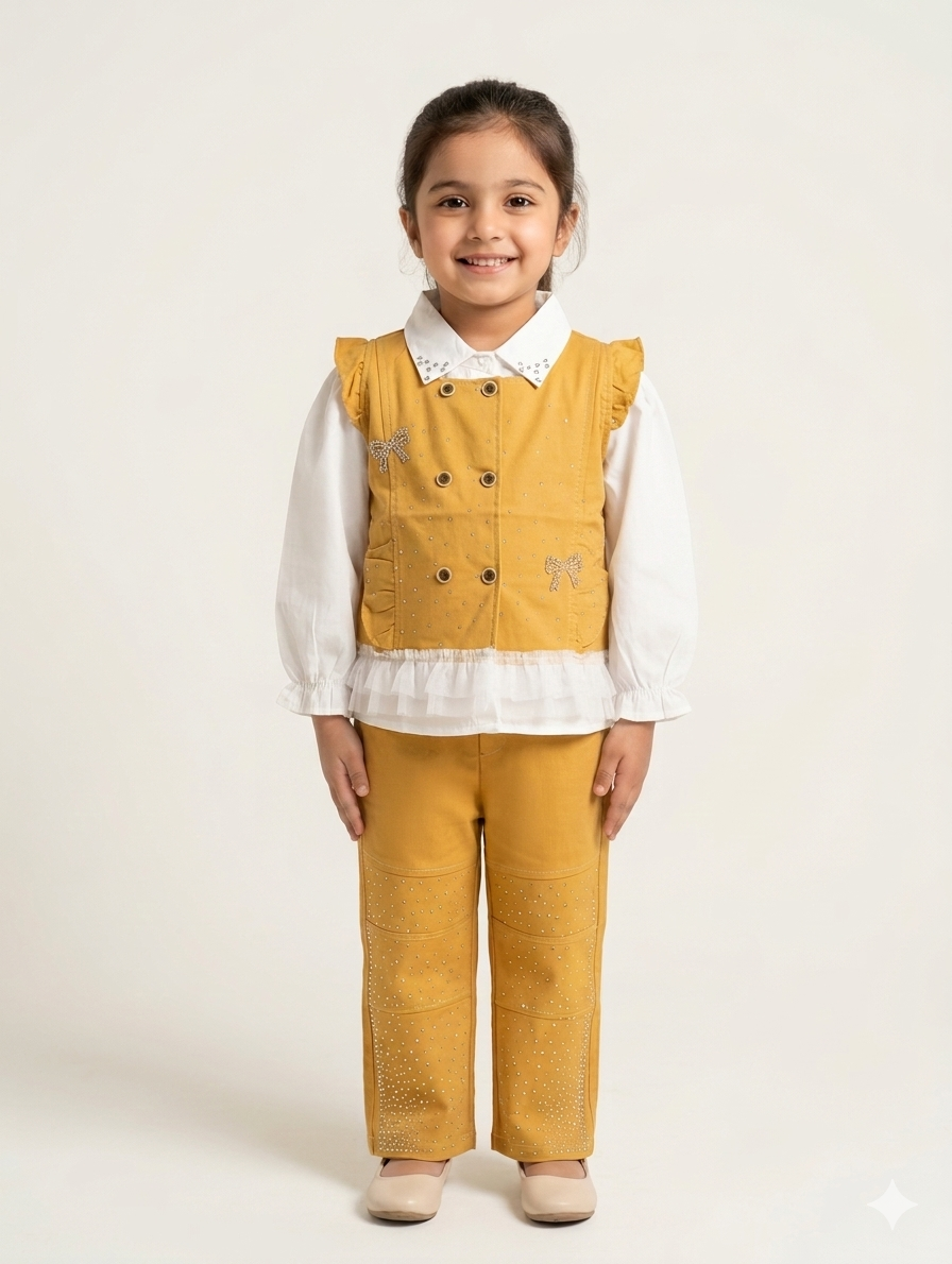 Girls' 3-Piece Ruffle Waistcoat Set with Embellished Bows and Matching Straight Leg Trousers