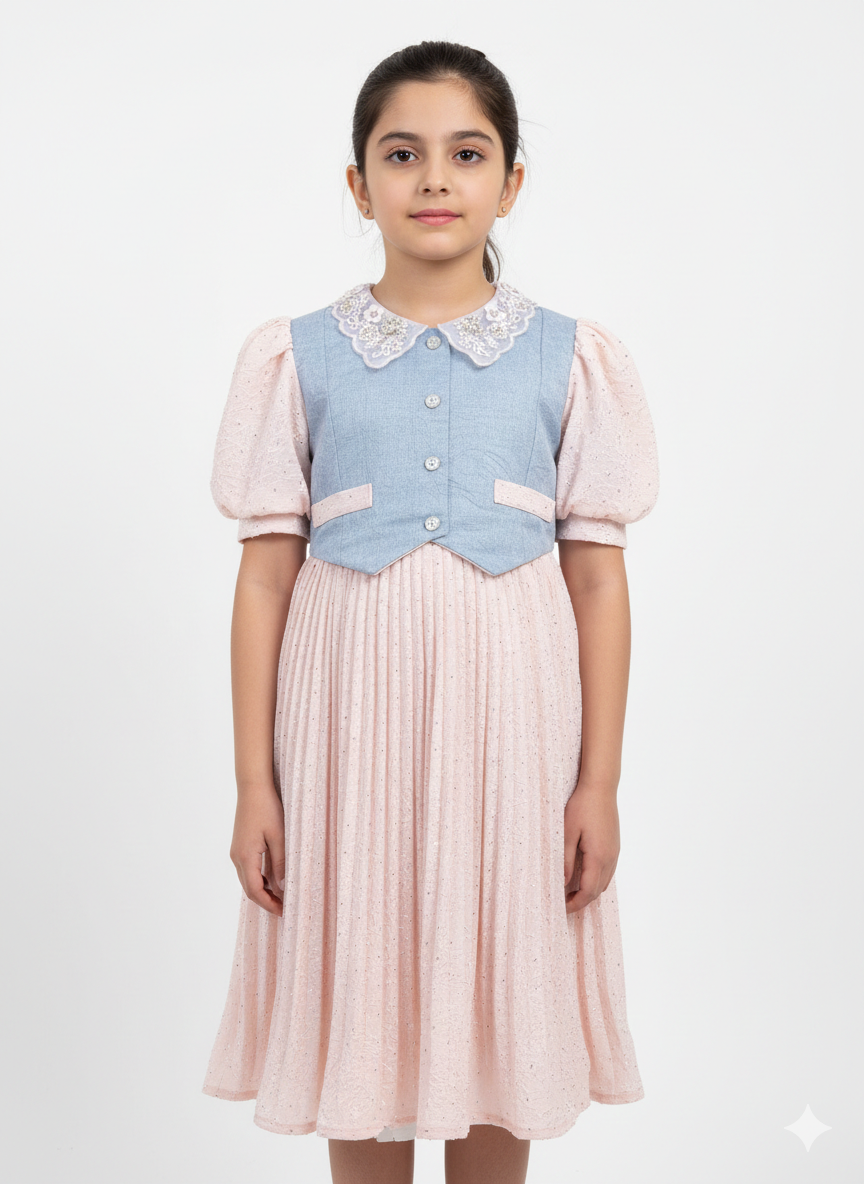 Girls' Elegant Pleated Party Dress with Floral Lace Collar and Tailored Denim-Style Vest