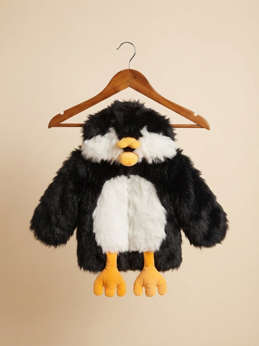 Plush Penguin Faux Fur Winter Coat with Attached Cute Feet and Hood for Kids