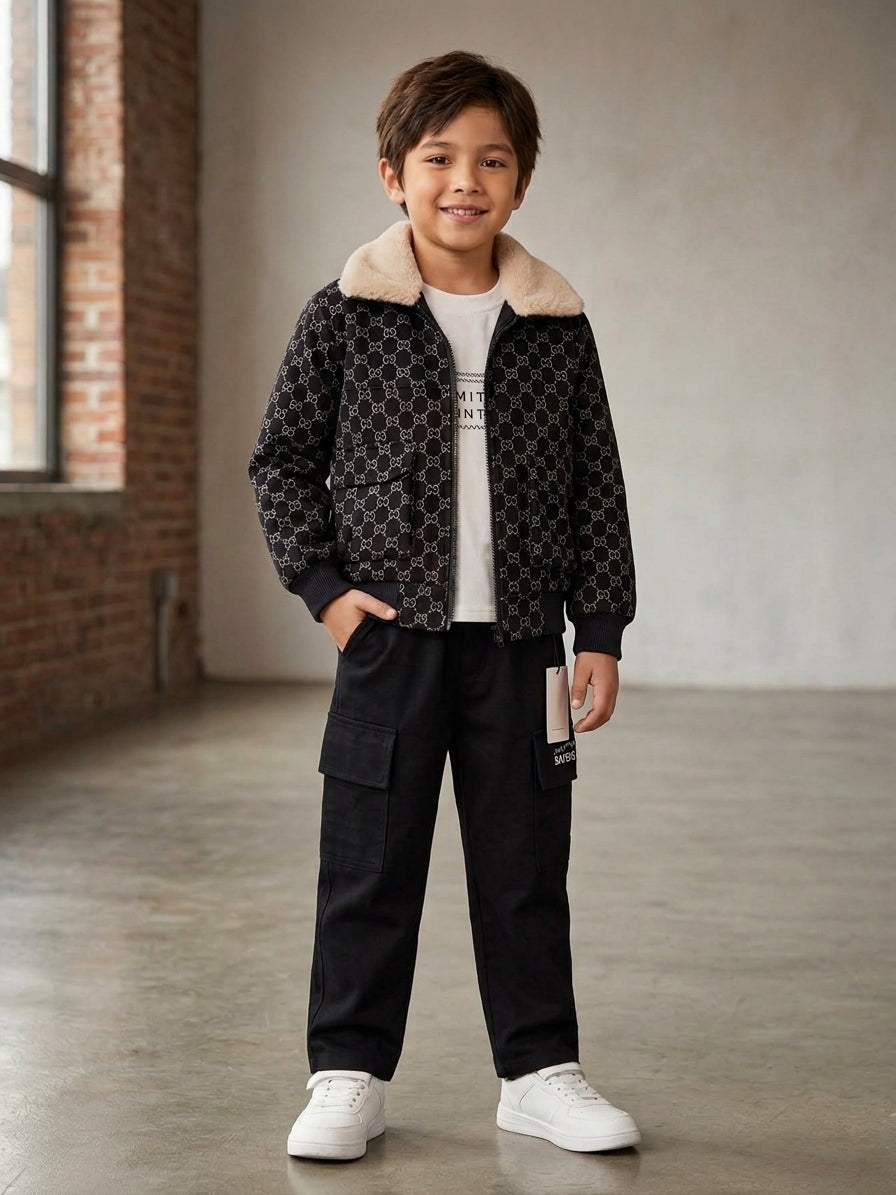 Boys Black Patterned Fur Collar Jacket Three Piece Suit Set With White Inner T-Shirt