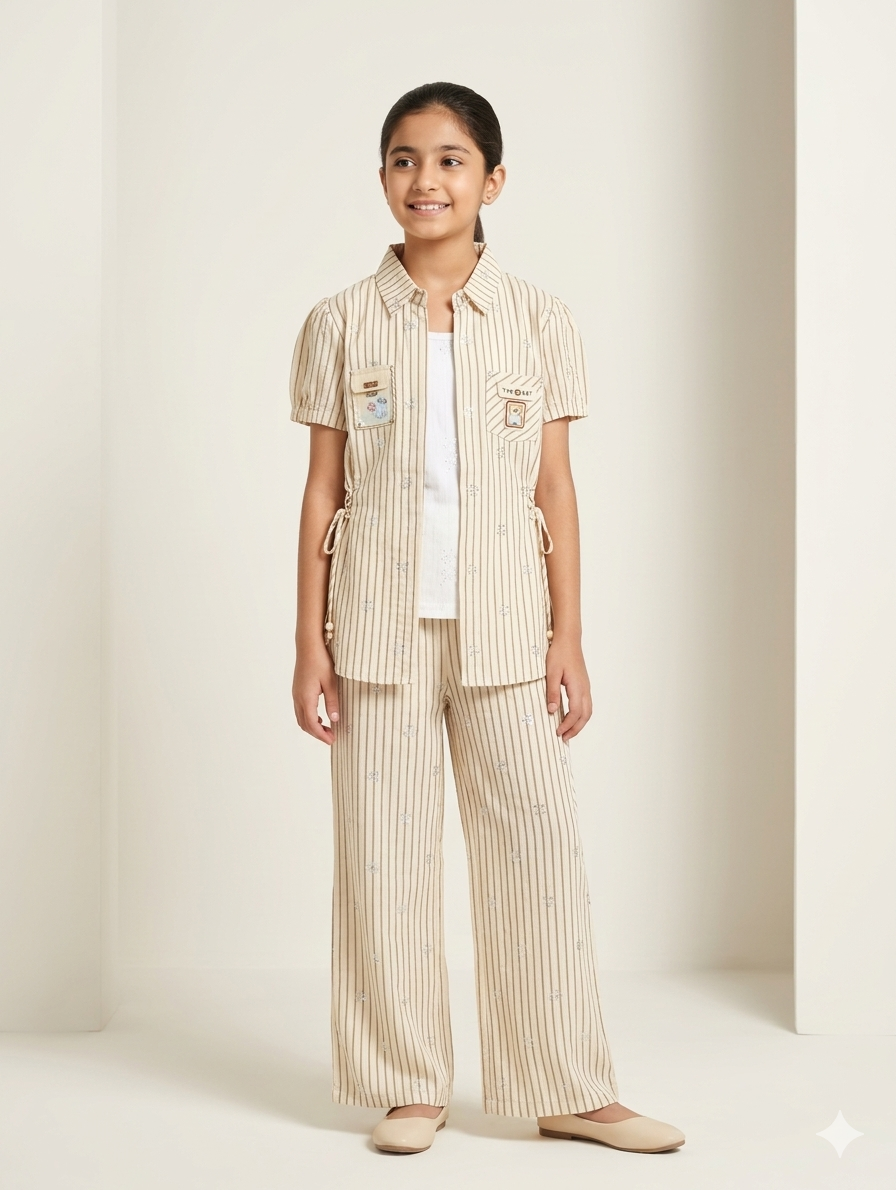 Girls Elegant Vertical Striped Three-Piece Summer Set With Long Trousers and Waist-Tie Open Shirt