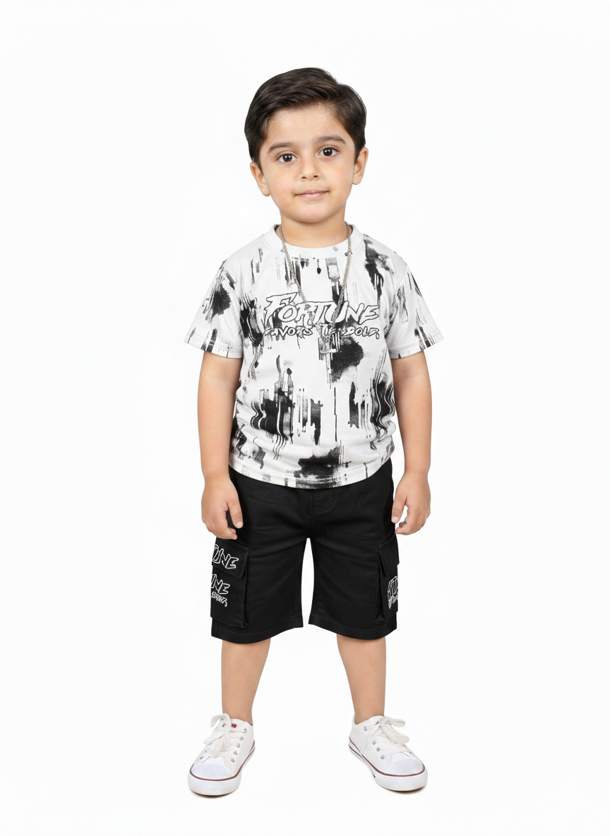 Premium Boys Fortune Graphic Print T-Shirt And Comfortable Cargo Shorts Stylish Two Piece Set 🩳