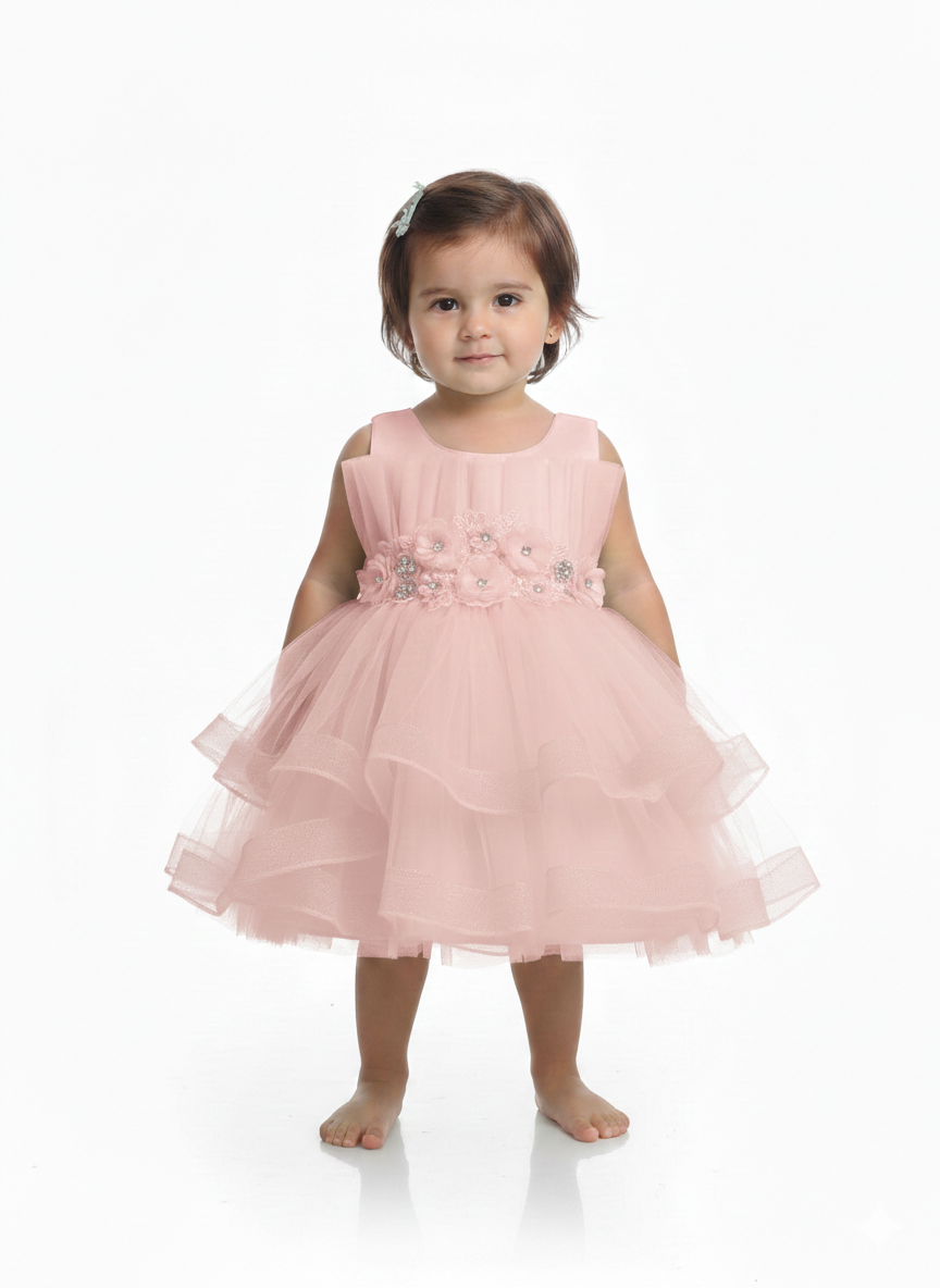 Toddler Girls' Tiered Tulle Occasion Dress with 3D Floral Appliqué and Rhinestone Waistband