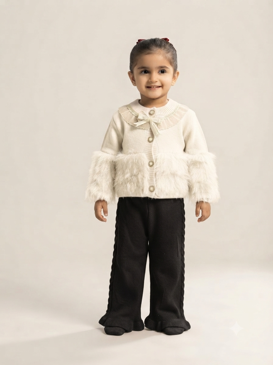 Chic girls winter knitted cardigan and full length trouser set with faux fur and bow collar.