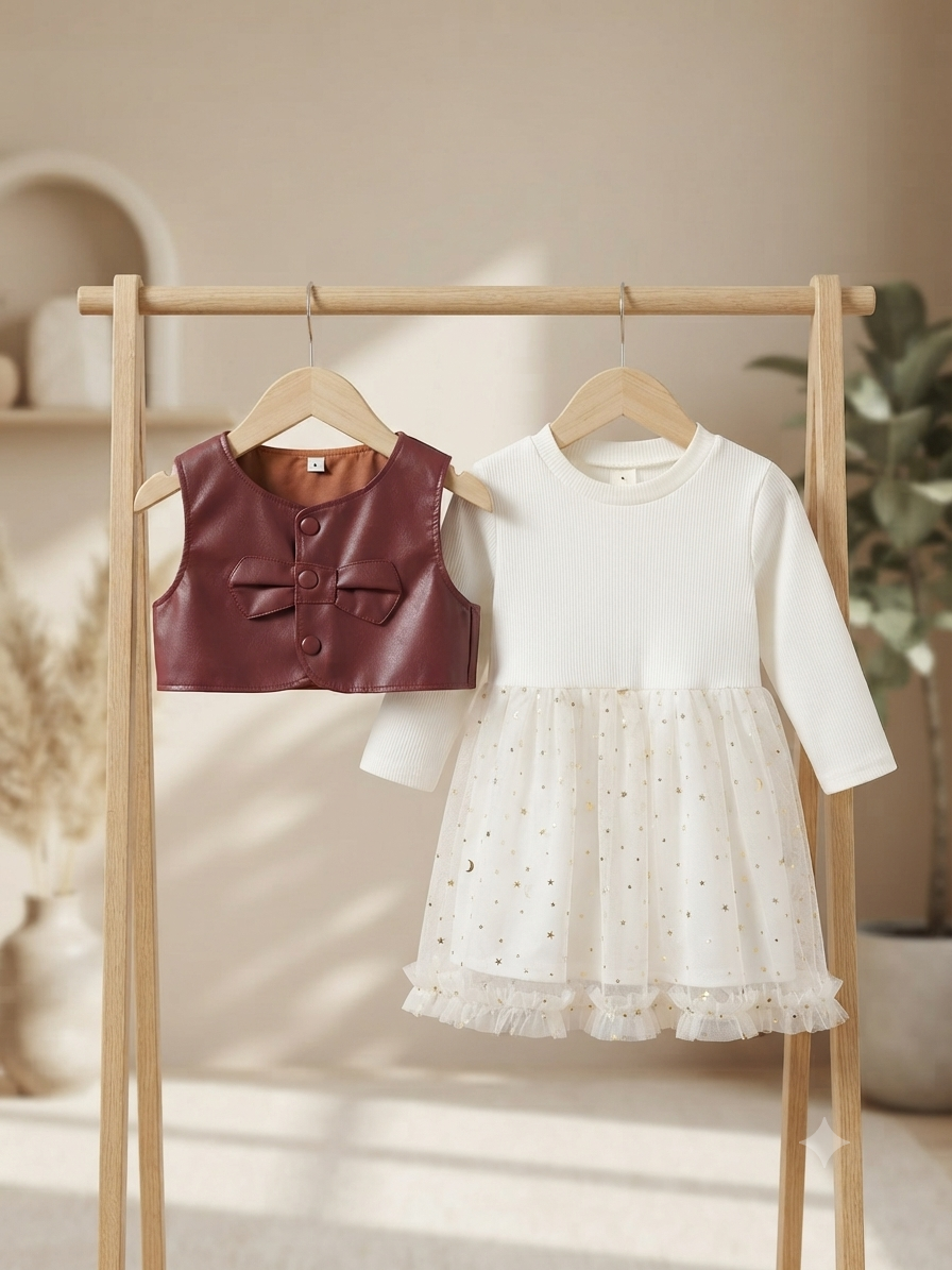 Chic Toddler Girl Cream Ribbed Dress With Tulle Skirt And Faux Leather Vest Set
