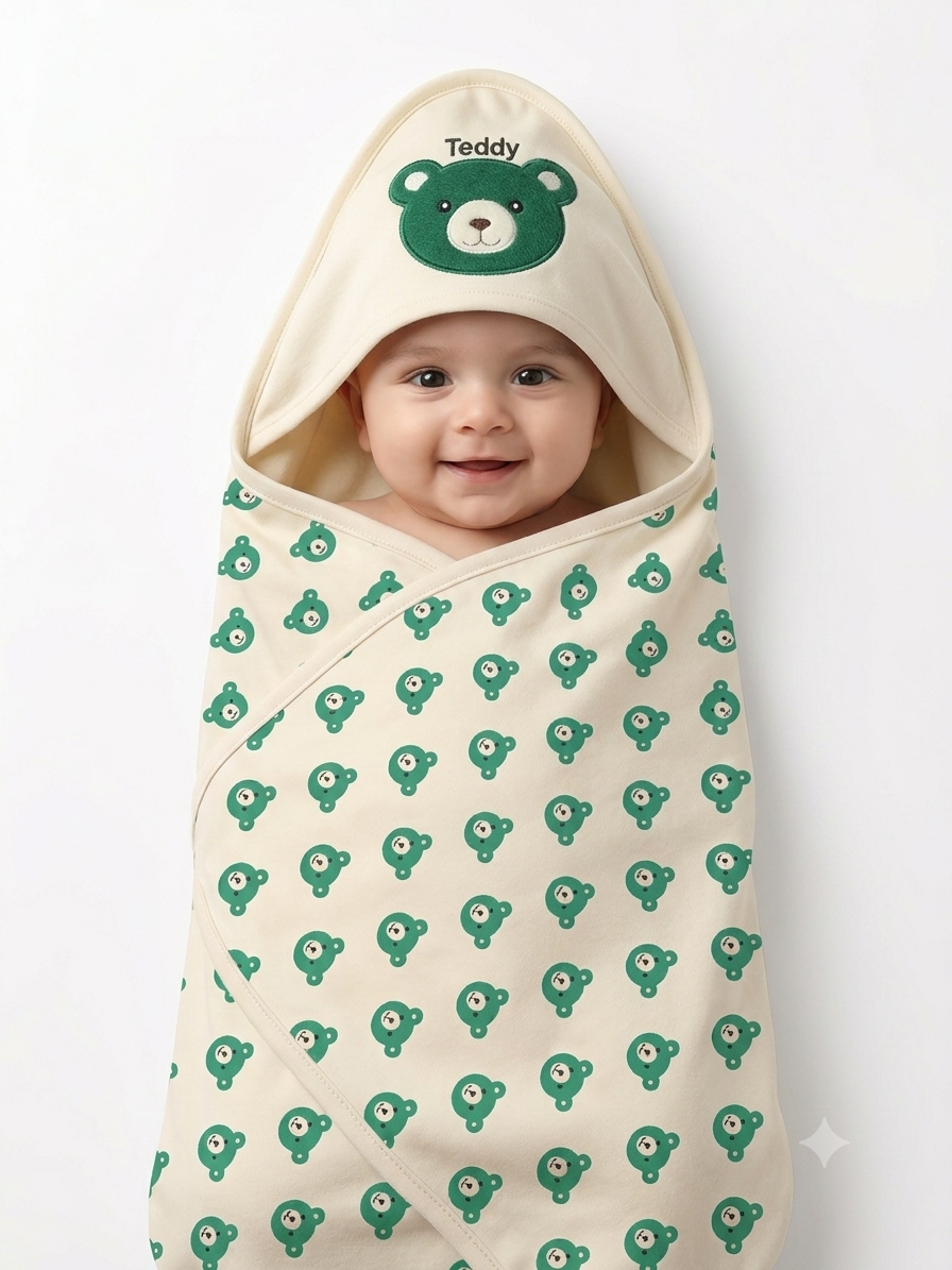 Cute Hooded Baby Swaddle Blanket Soft Cotton Wrap With Printed Green Teddy Bear Design