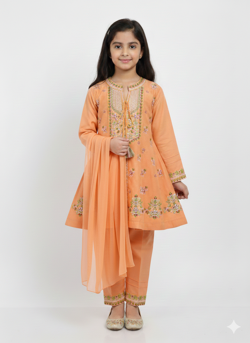 Girls' Embroidered A-Line Kurta Set with Tapered Trousers and Matching Chiffon Dupatta - Festive Wear
