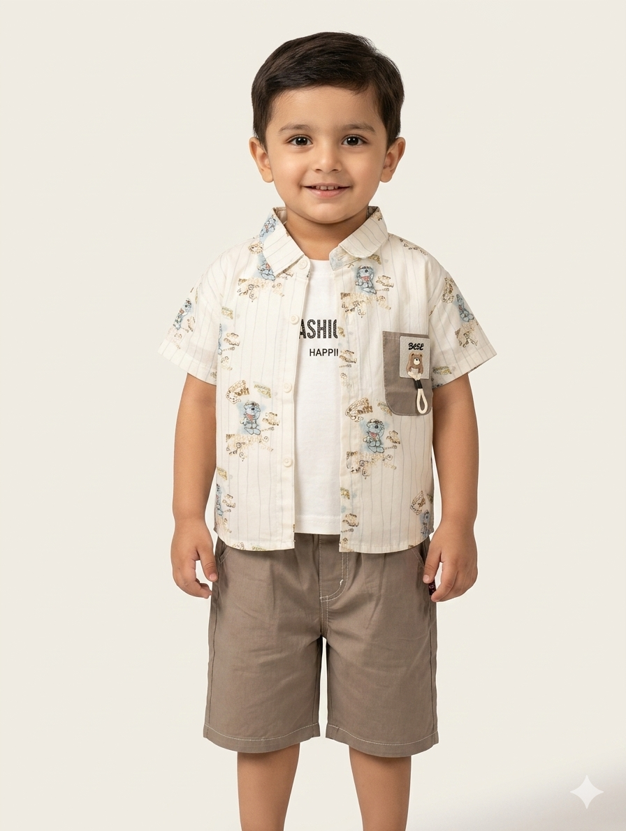 Boys Cute Bear Print Striped Shirt And Cotton Shorts Casual Three Piece Summer Outfit