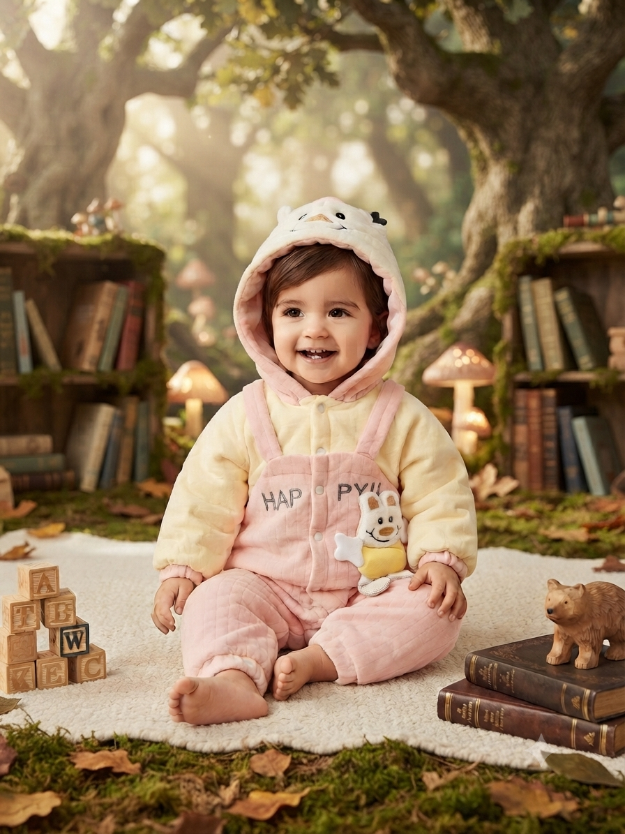 Cute Blue Overalls Style Hooded Baby Romper Warm Fleece Winter Jumpsuit For Toddler
