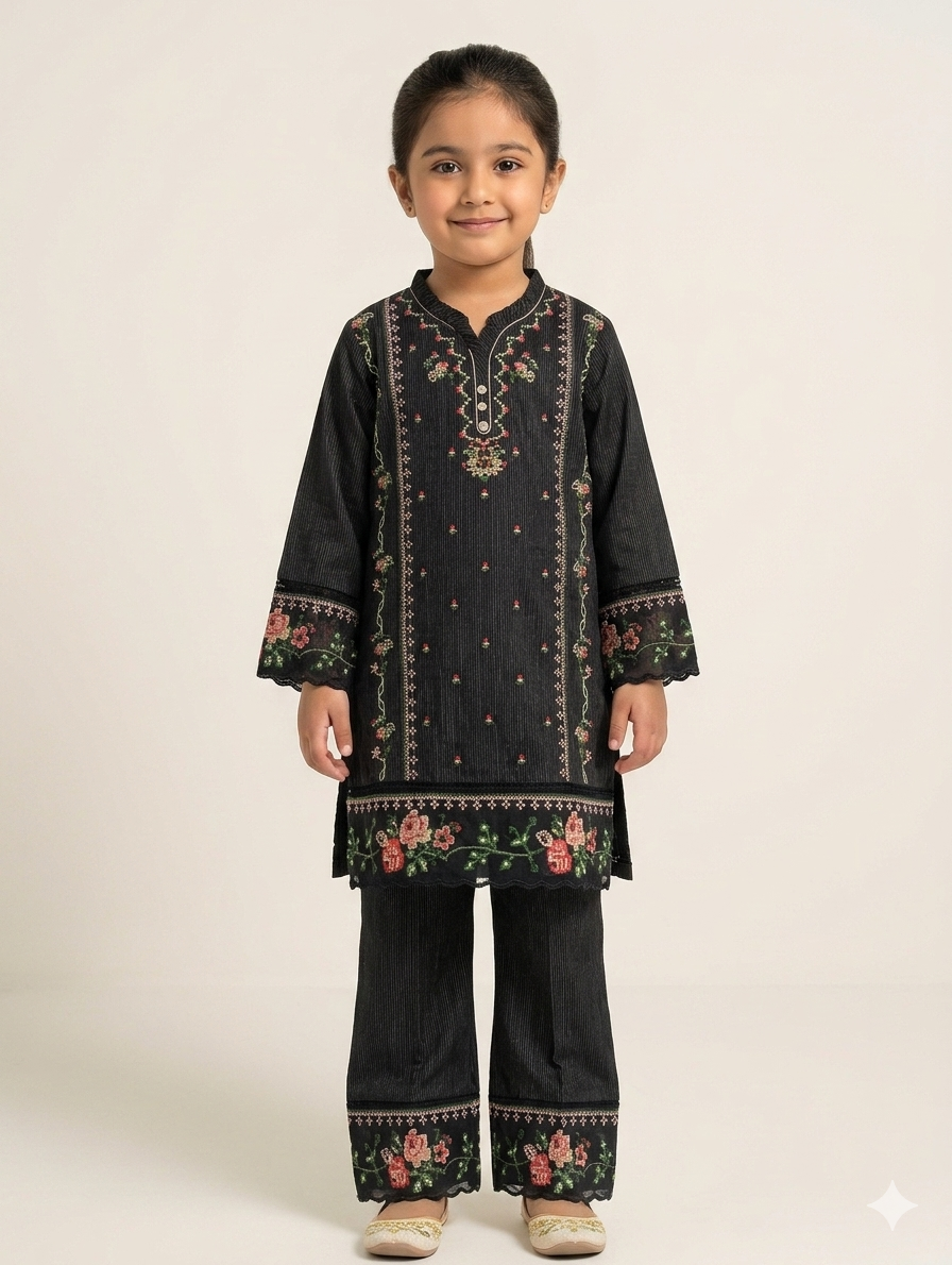Elegant Girls' Hand-Embroidered Floral Cotton Kurta Set in Three Versatile and Stylish Color Options