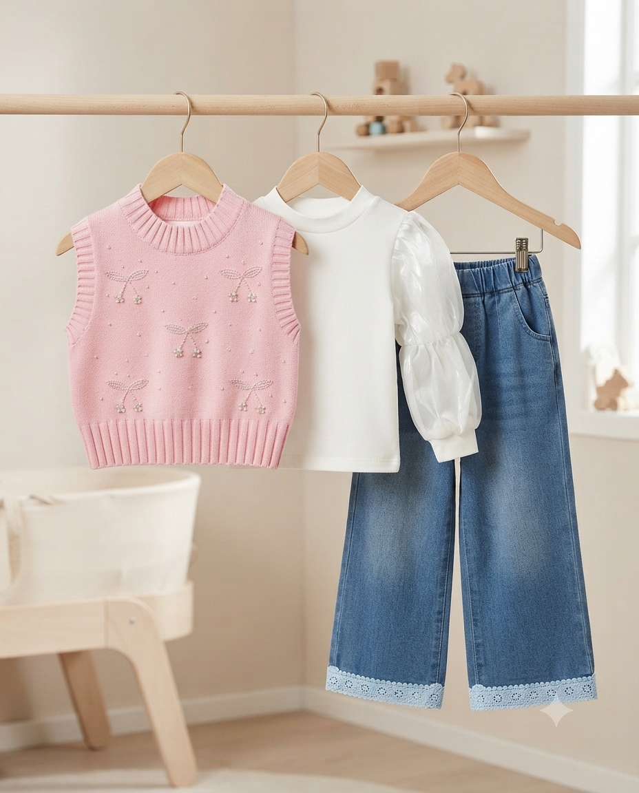 Girls Cute 3-Piece Outfit Set Knit Vest Blouse and Full Length Denim Trouser