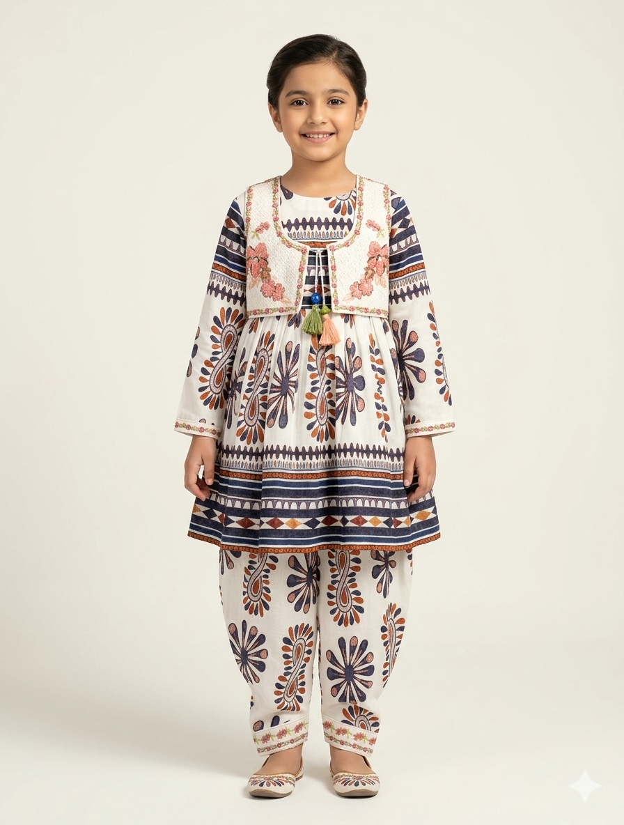 Girl's Ethnic Printed Cotton Kurta with Embroidered Waistcoat and Matching Tulip Shalwar Suit Set