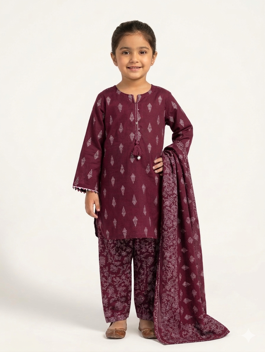 Girls Ethnic Block Print Three Piece Suit With Matching Trouser And Dupatta Set Maroon Blue