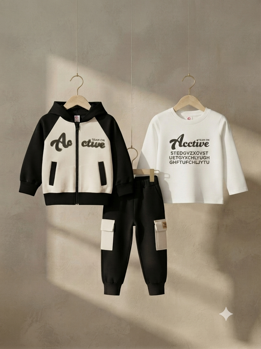 Premium Kids 3-Piece Winter Outfit Set Featuring Zip-Up Hoodie, Long Sleeve Shirt, And Trousers