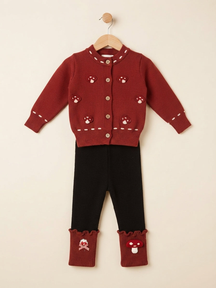 Charming Kids Knit Cardigan and Matching Pants Set Featuring Playful Mushroom Patterns