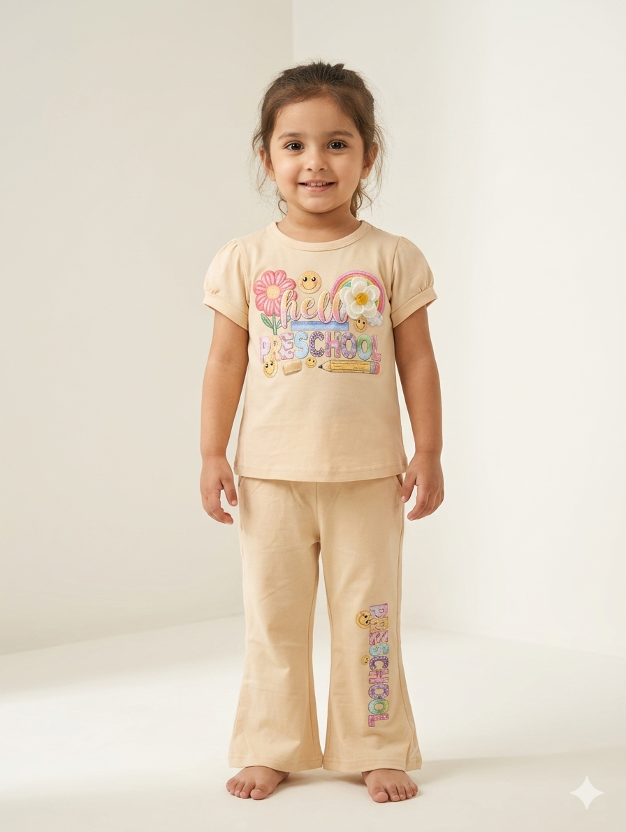 Girls Hello Preschool Theme Two Piece Cotton T Shirt And Matching Flare Trouser Set