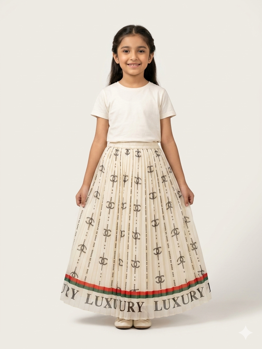Girls Elegant Luxury Monogram Pleated Long Skirt with Designer-Style Border