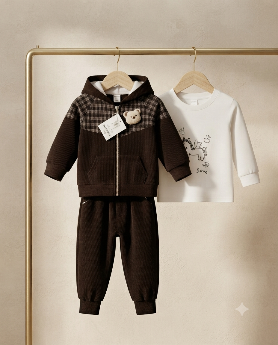 Kids Stylish 3-Piece Outfit Set: Hooded Zip Jacket, Matching Trousers, And Graphic Long-Sleeve Top