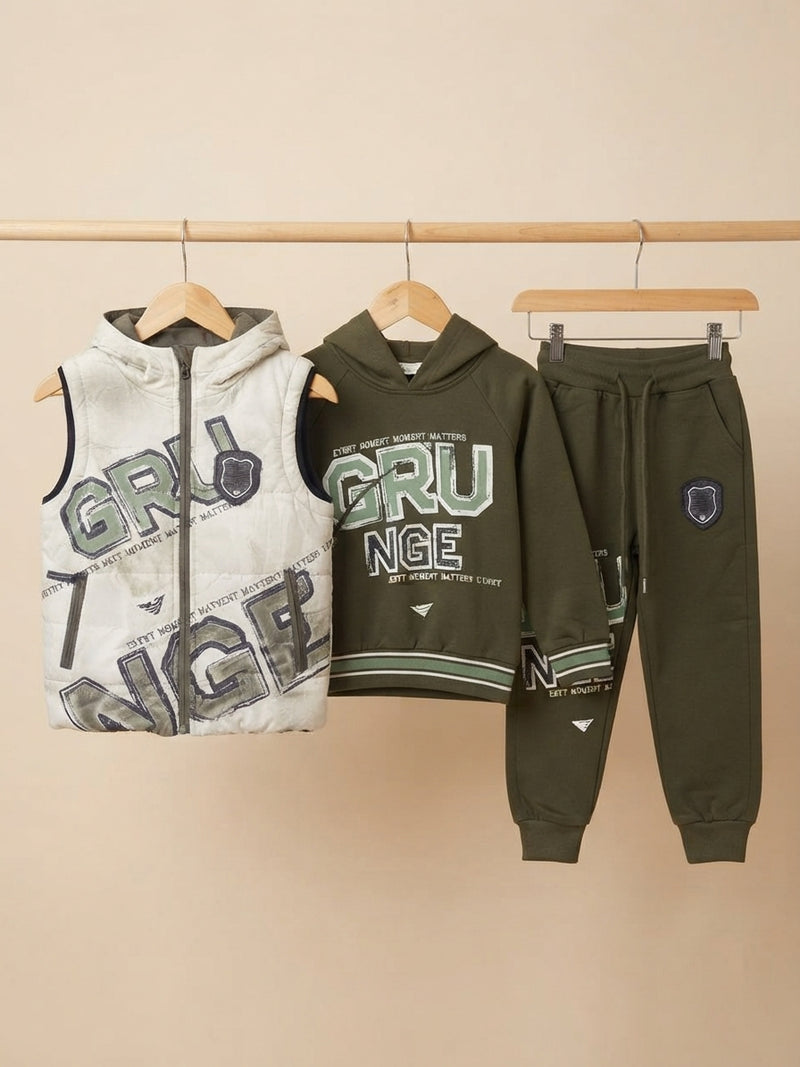 Stylish Boys Three Piece Winter Outfit Featuring Printed Hoodie Matching Trouser And Puffer Vest