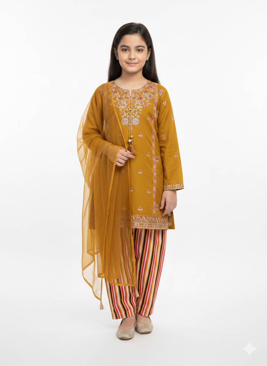 Girls' Festive Embroidered Kurta Set with Striped Trousers and Sheer Net Dupatta Ethnic Outfit