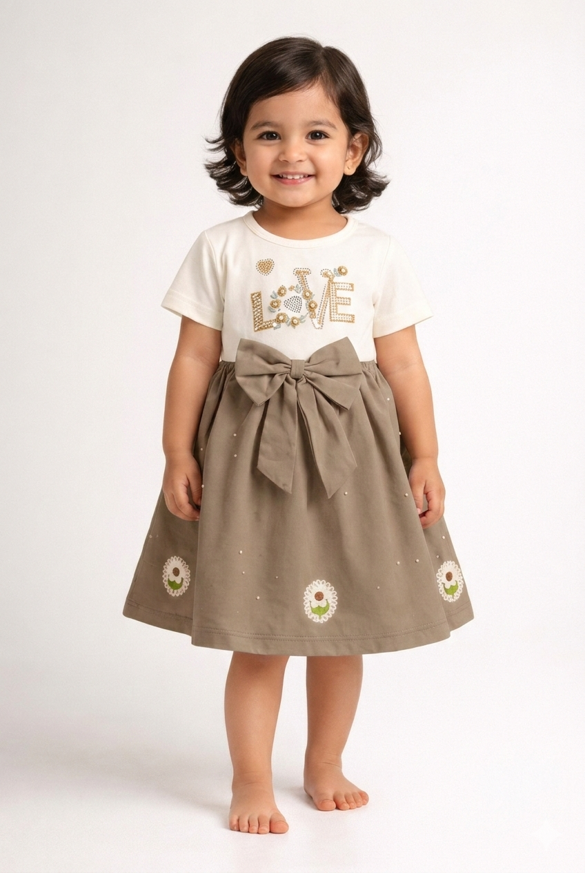 Girls' Elegant "LOVE" Graphic Tutu Dress with Oversized Bow and Floral Embroidery Accents