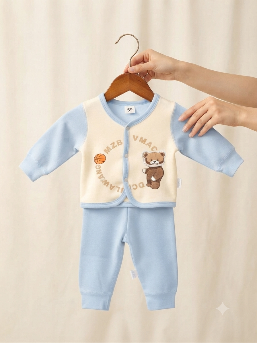 Cute Baby Bear Print Cotton Thermal Top and Bottom Clothing Set